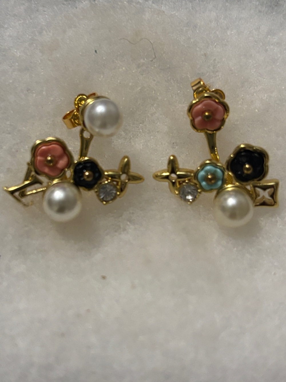 LV Gold Floral Pearl Stud Earrings